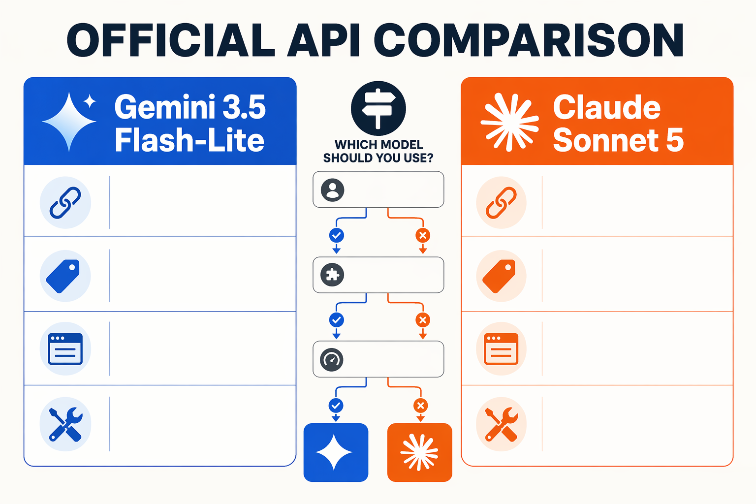 A detailed side-by-side specification matrix titled OFFICIAL API COMPARISON with column headers Gemini 3.5 Flash-Lite and