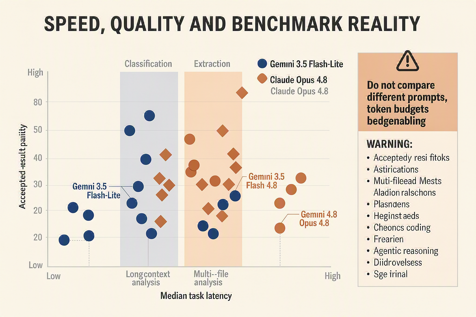 Create a quality-versus-speed evaluation dashboard titled SPEED, QUALITY AND BENCHMARK REALITY