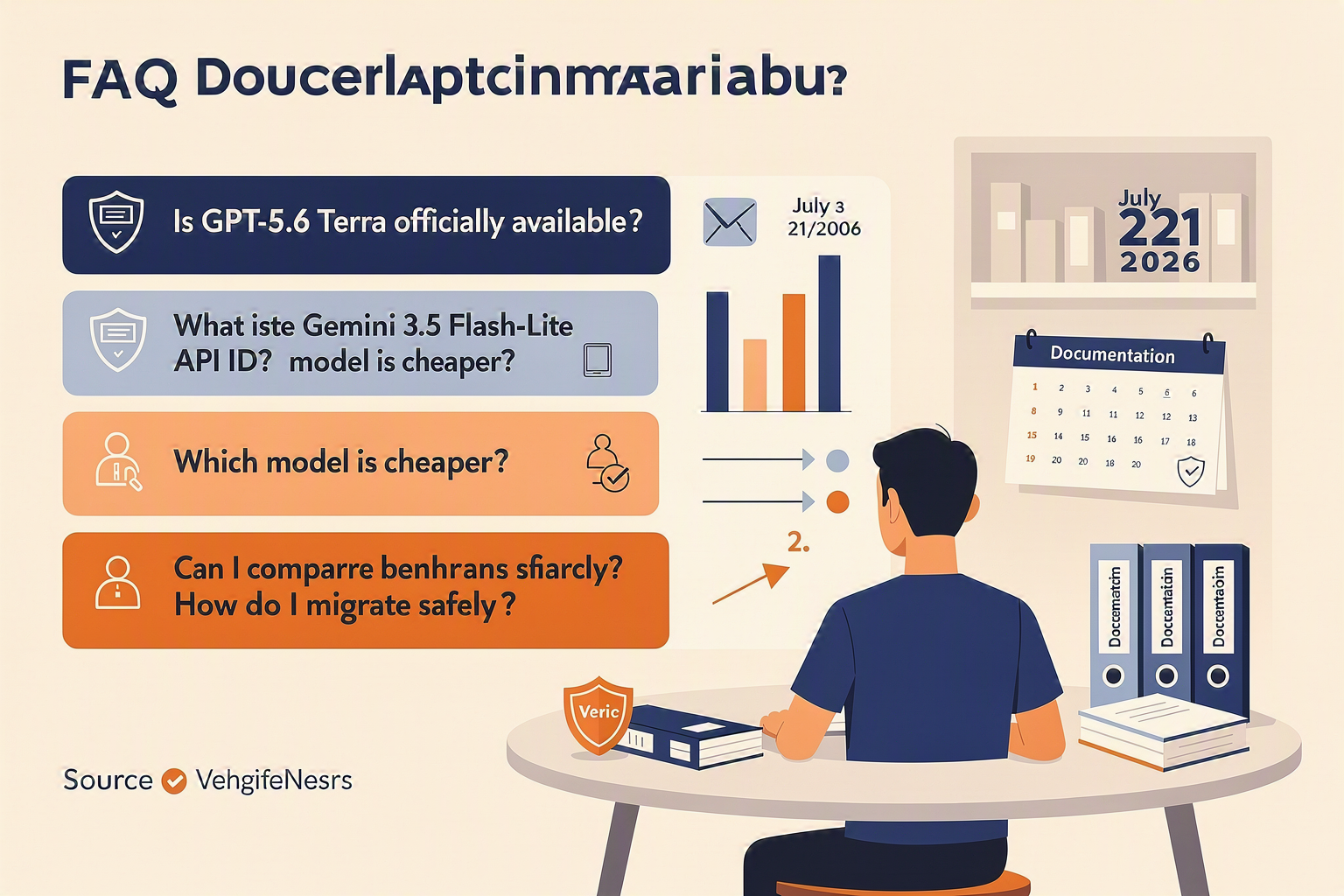 A refined help-center visual featuring an AI documentation specialist at a curved desk reviewing a concise FAQ board in a