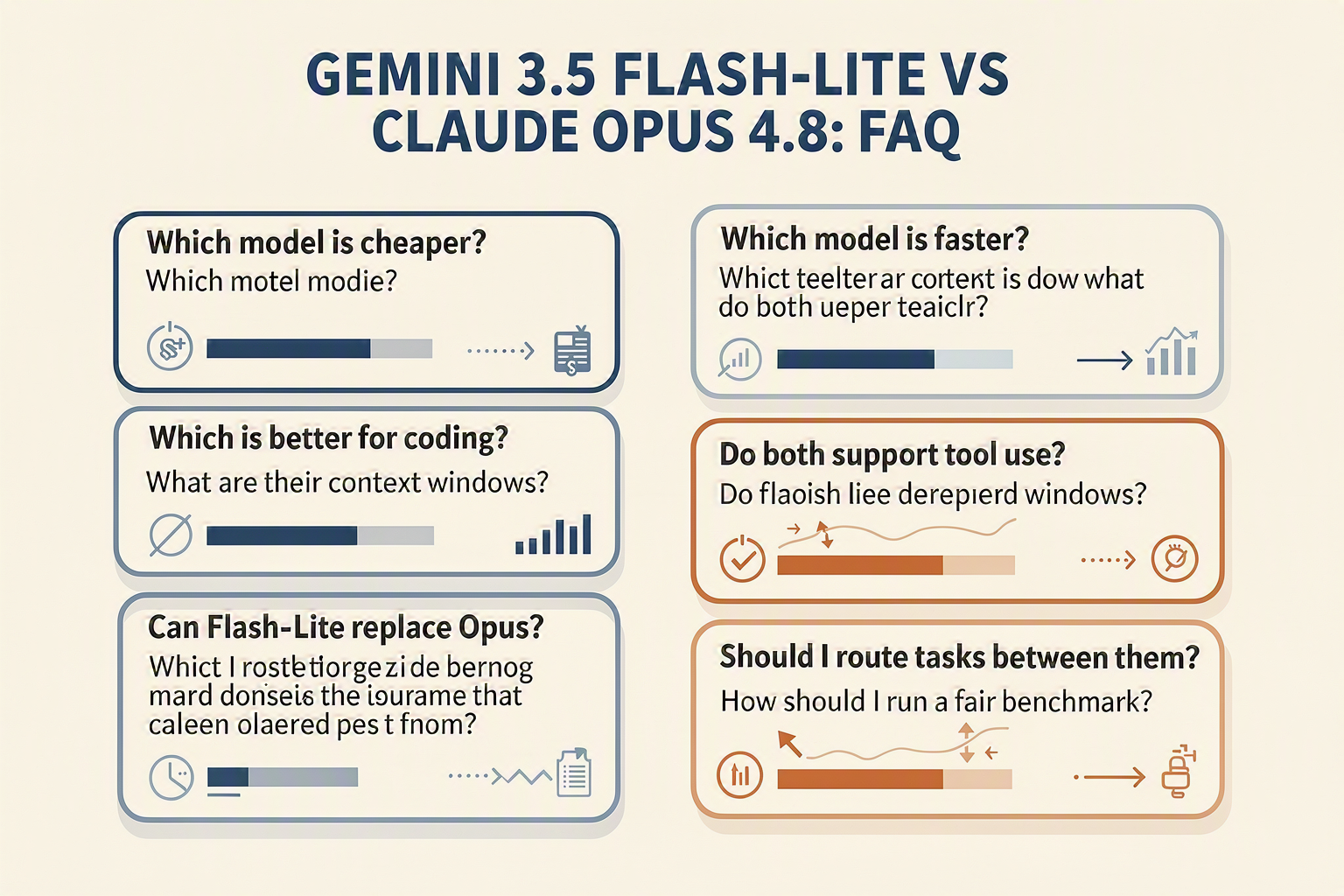 Create an organized FAQ infographic titled GEMINI 3.5 FLASH-LITE VS CLAUDE OPUS 4.8: FAQ