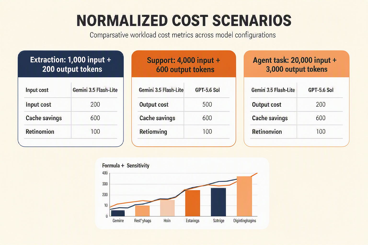 A financial comparison dashboard titled NORMALIZED COST SCENARIOS showing three workload cards: Extraction: 1,000 input +