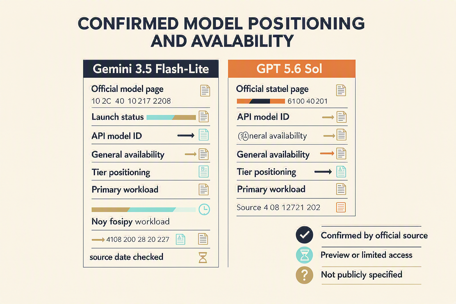 Design a two-column evidence-status matrix titled Confirmed Model Positioning and Availability