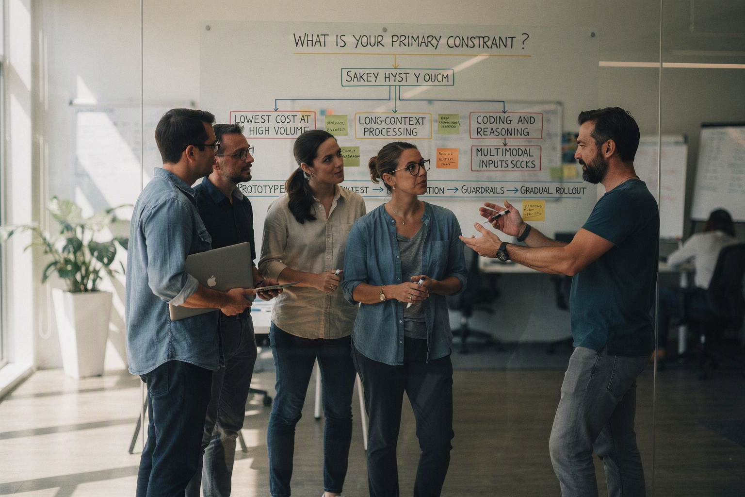 A product-team planning scene in a sunlit collaboration studio, where engineers, an AI safety lead, and a finance manager