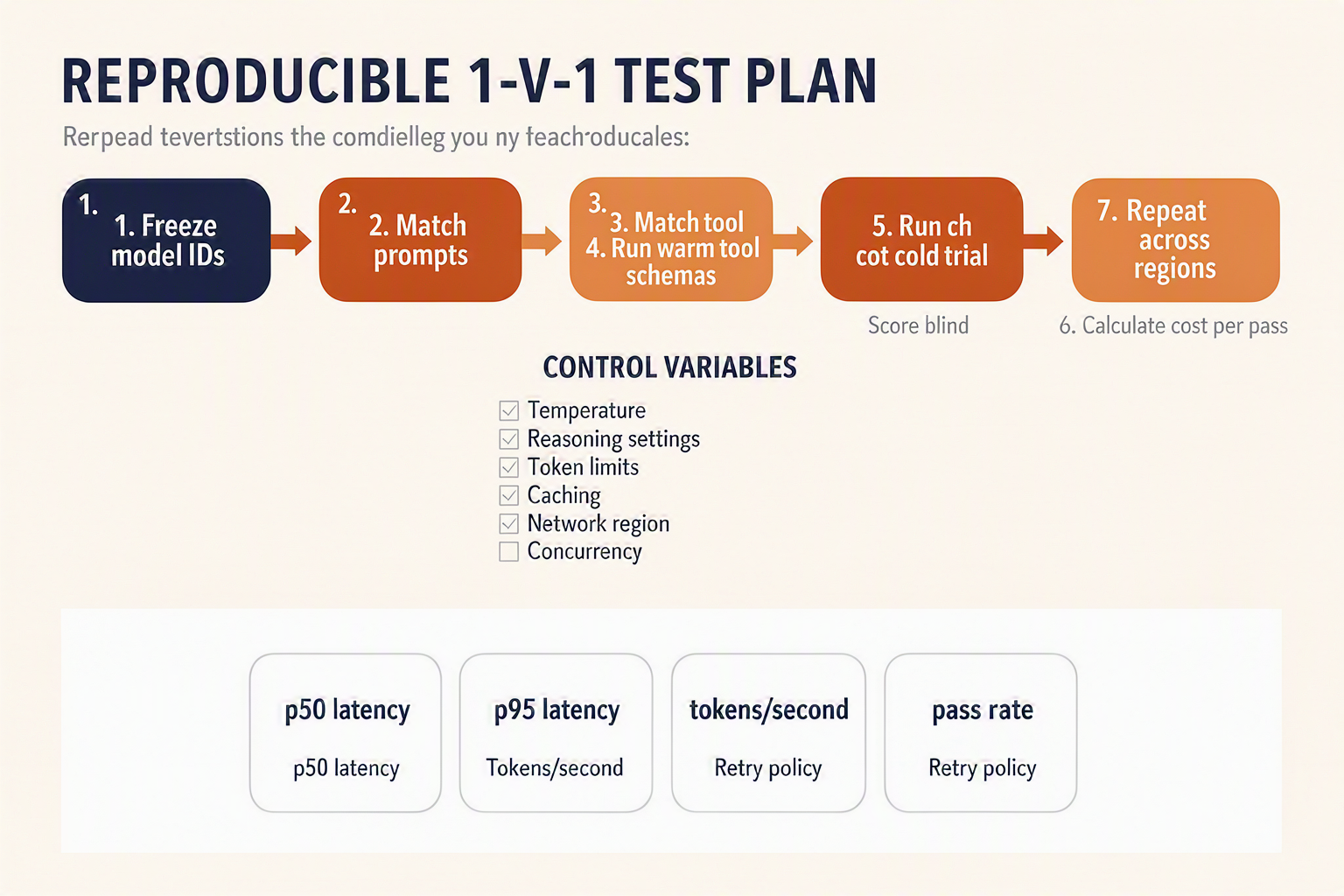 A seven-step evaluation workflow titled REPRODUCIBLE 1-V-1 TEST PLAN flowing left to right with arrows