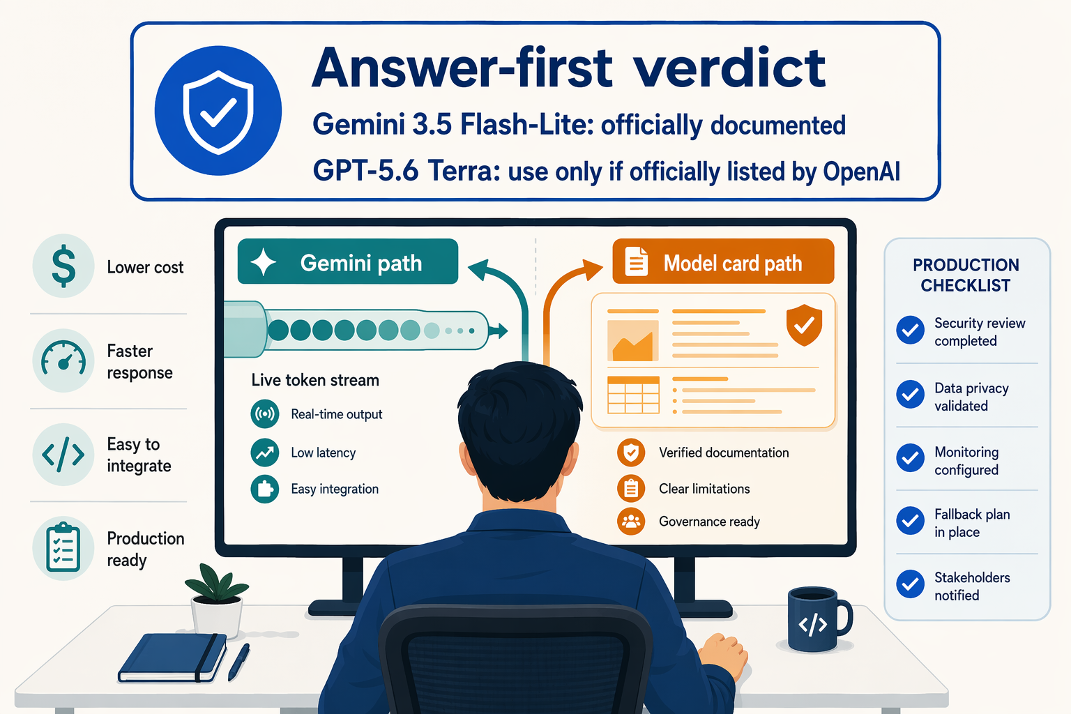 A decisive editorial comparison scene showing a product manager at a clean white desk reviewing two deployment paths on a