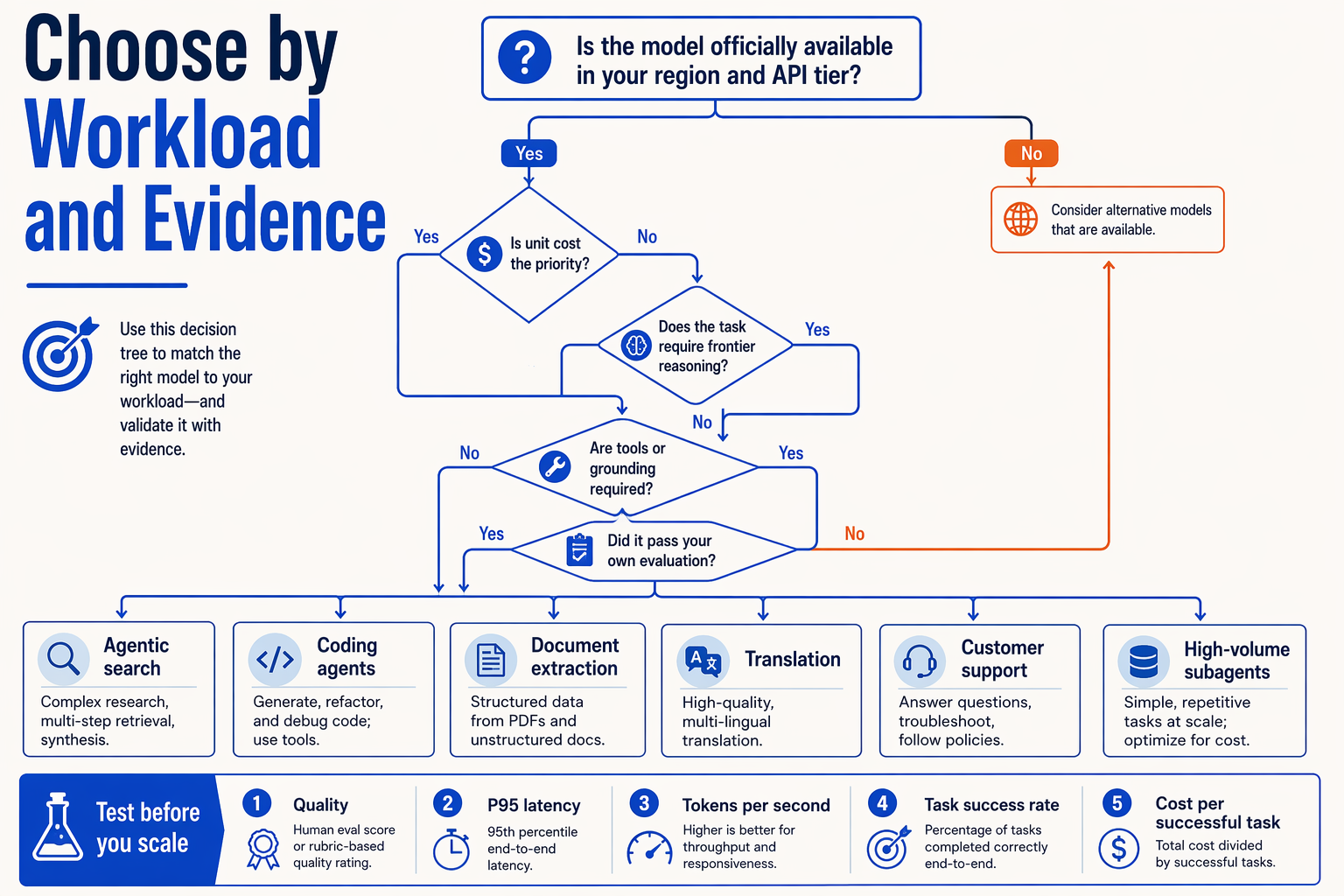 Create a decision-tree infographic titled Choose by Workload and Evidence