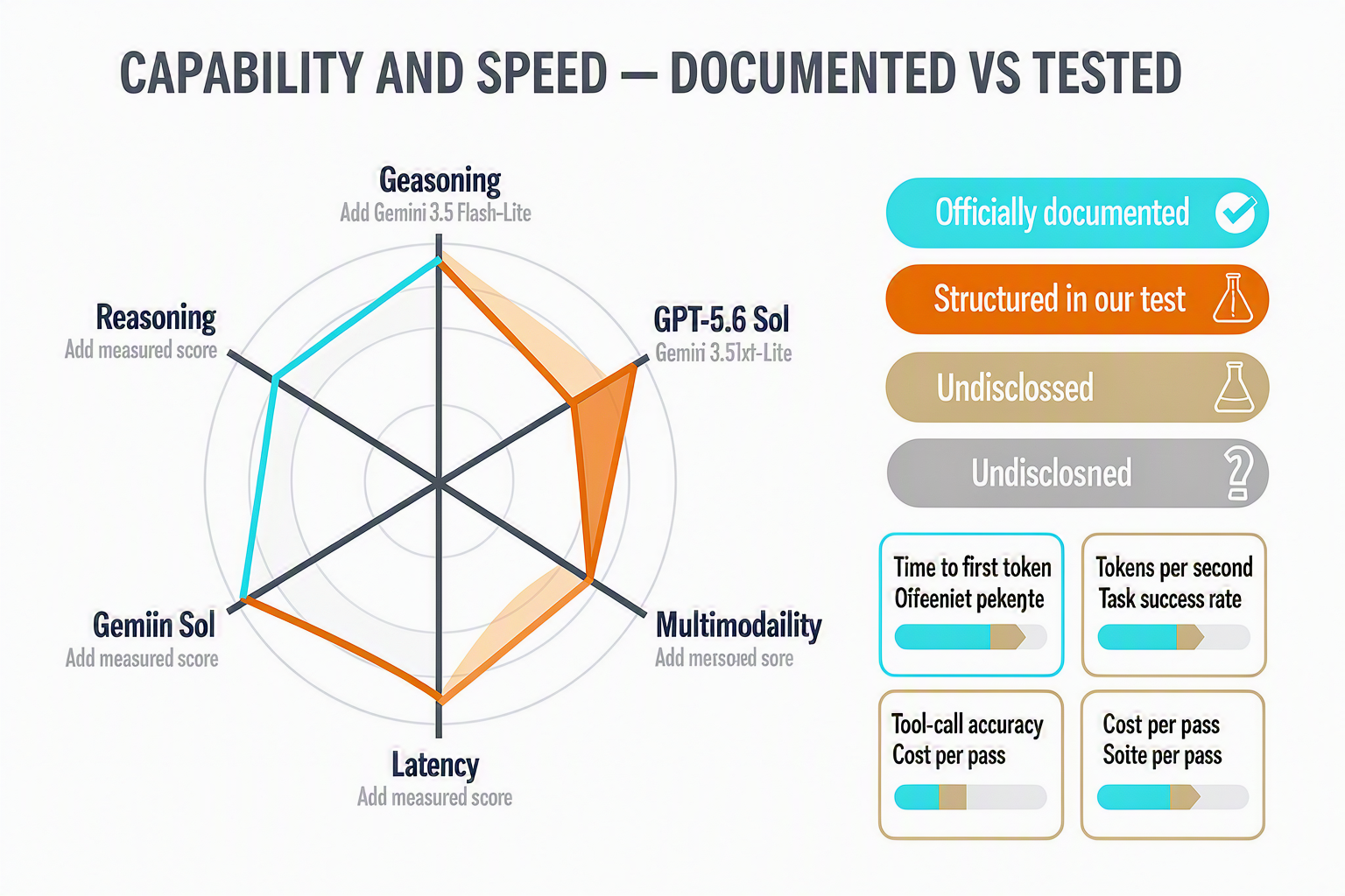 A radar-and-scorecard infographic titled CAPABILITY AND SPEED — DOCUMENTED VS TESTED