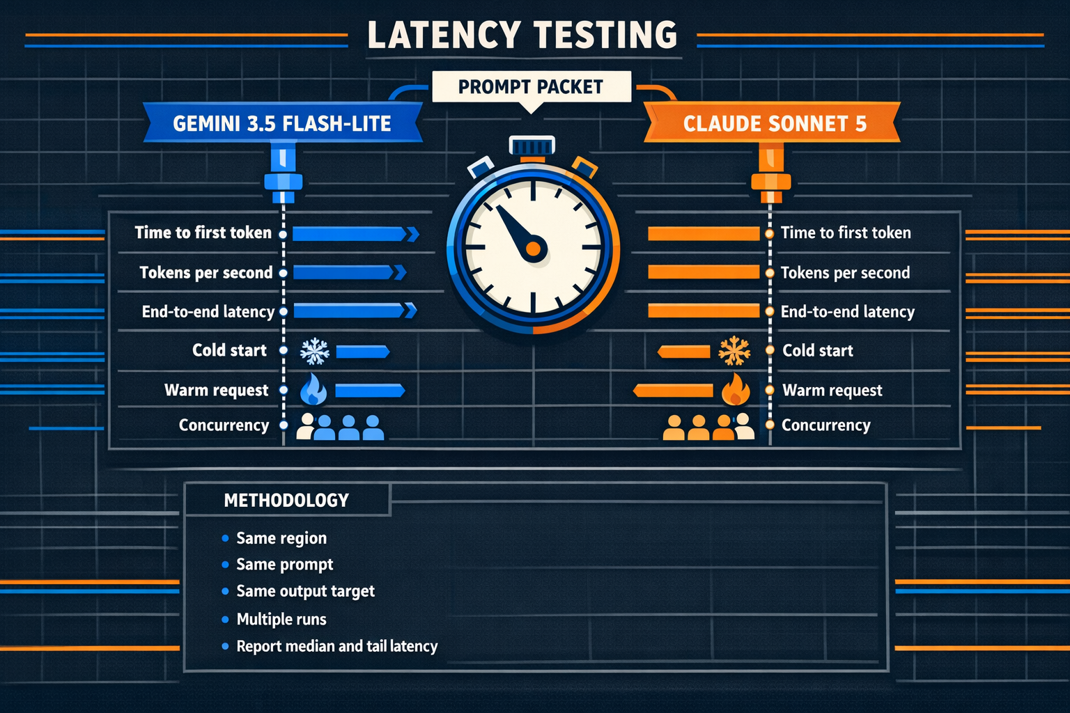 A reproducible latency-testing infographic centered on two synchronized request pipelines, one labeled Gemini 3.5 Flash-Lite