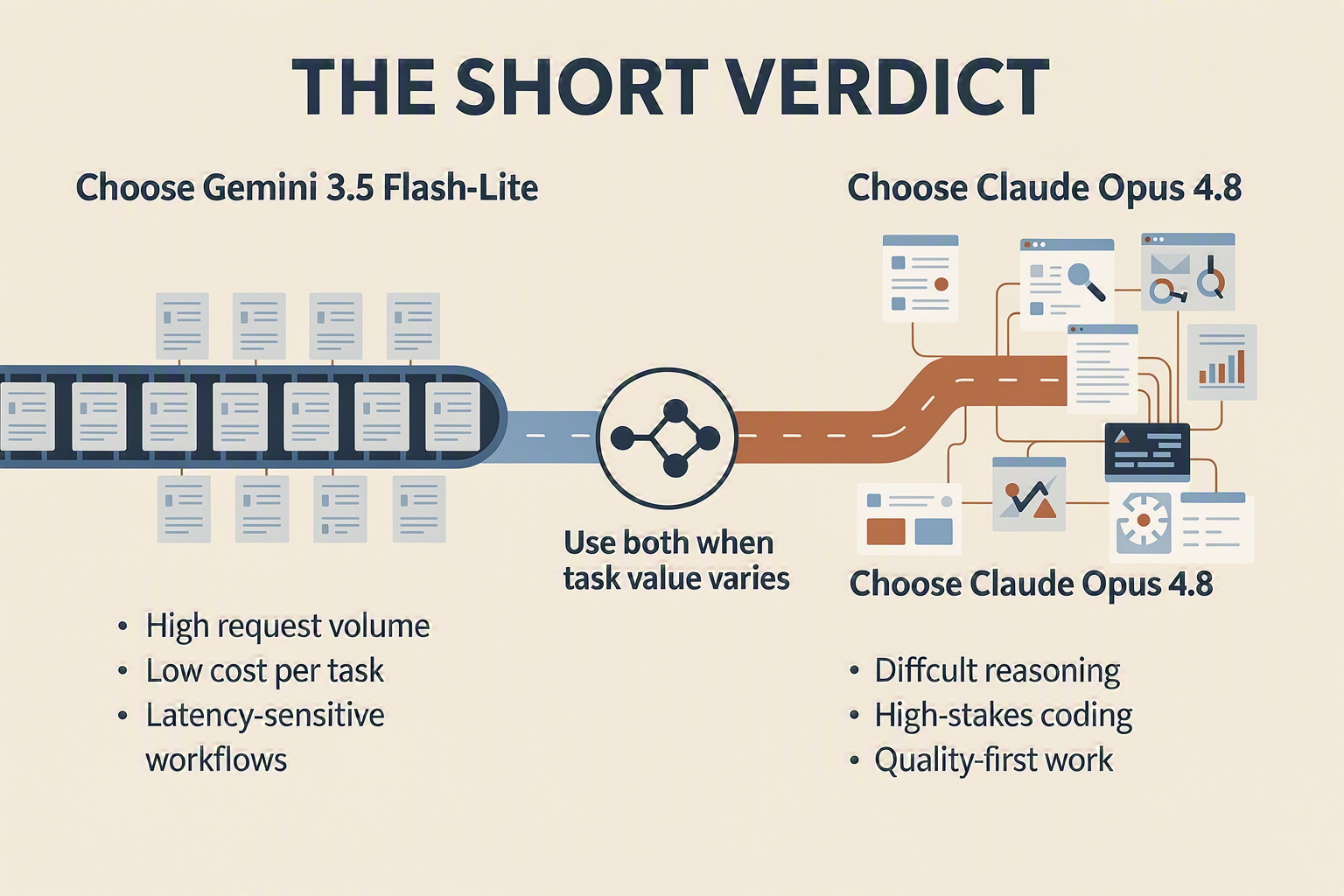 Create a decisive two-path selection infographic titled THE SHORT VERDICT