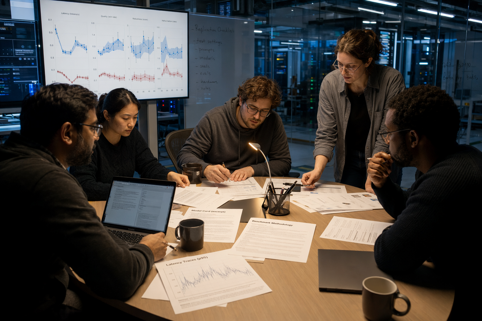 A diverse group of AI researchers, platform engineers, and procurement specialists gathered around a large conference table