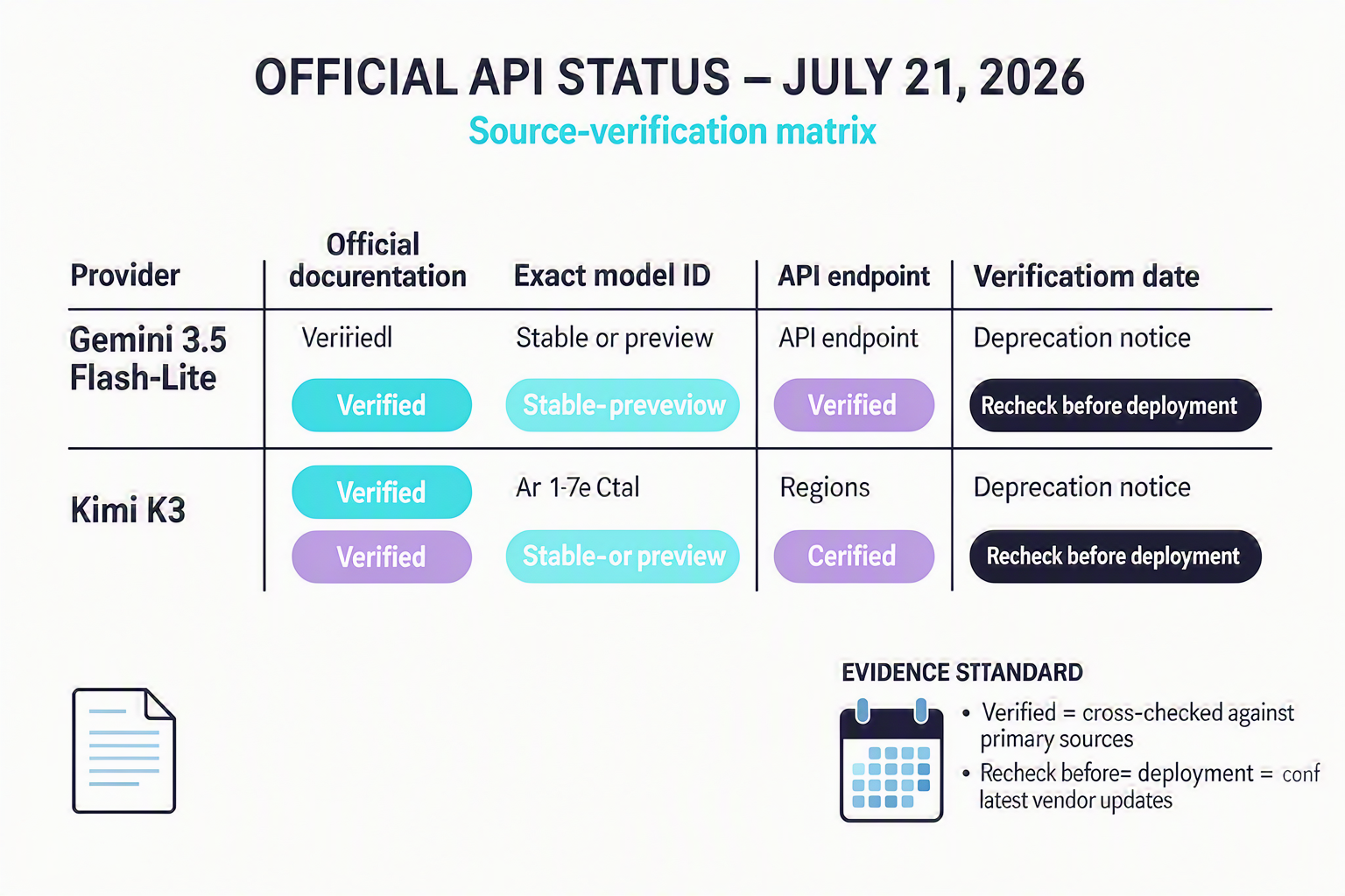 A source-verification matrix titled OFFICIAL API STATUS — JULY 21, 2026 with two equal rows labeled Gemini 3.5 Flash-Lite