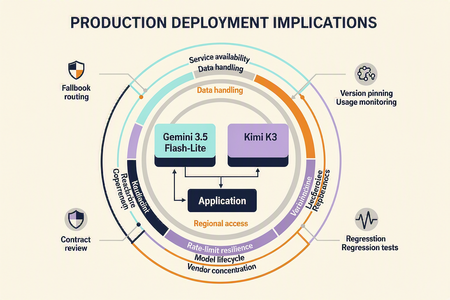A layered risk-and-operations diagram titled PRODUCTION DEPLOYMENT IMPLICATIONS