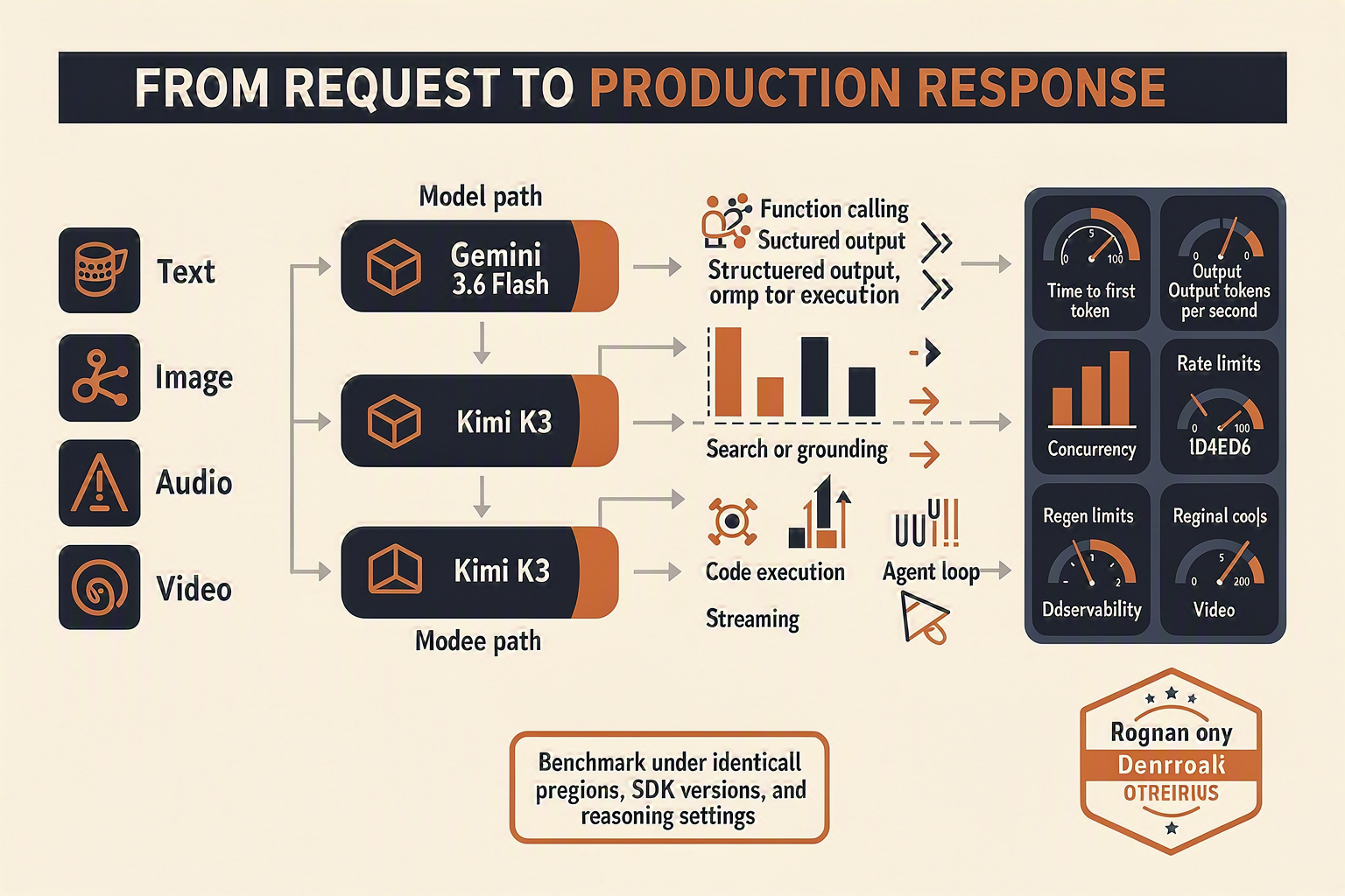 An end-to-end AI application architecture diagram titled FROM REQUEST TO PRODUCTION RESPONSE