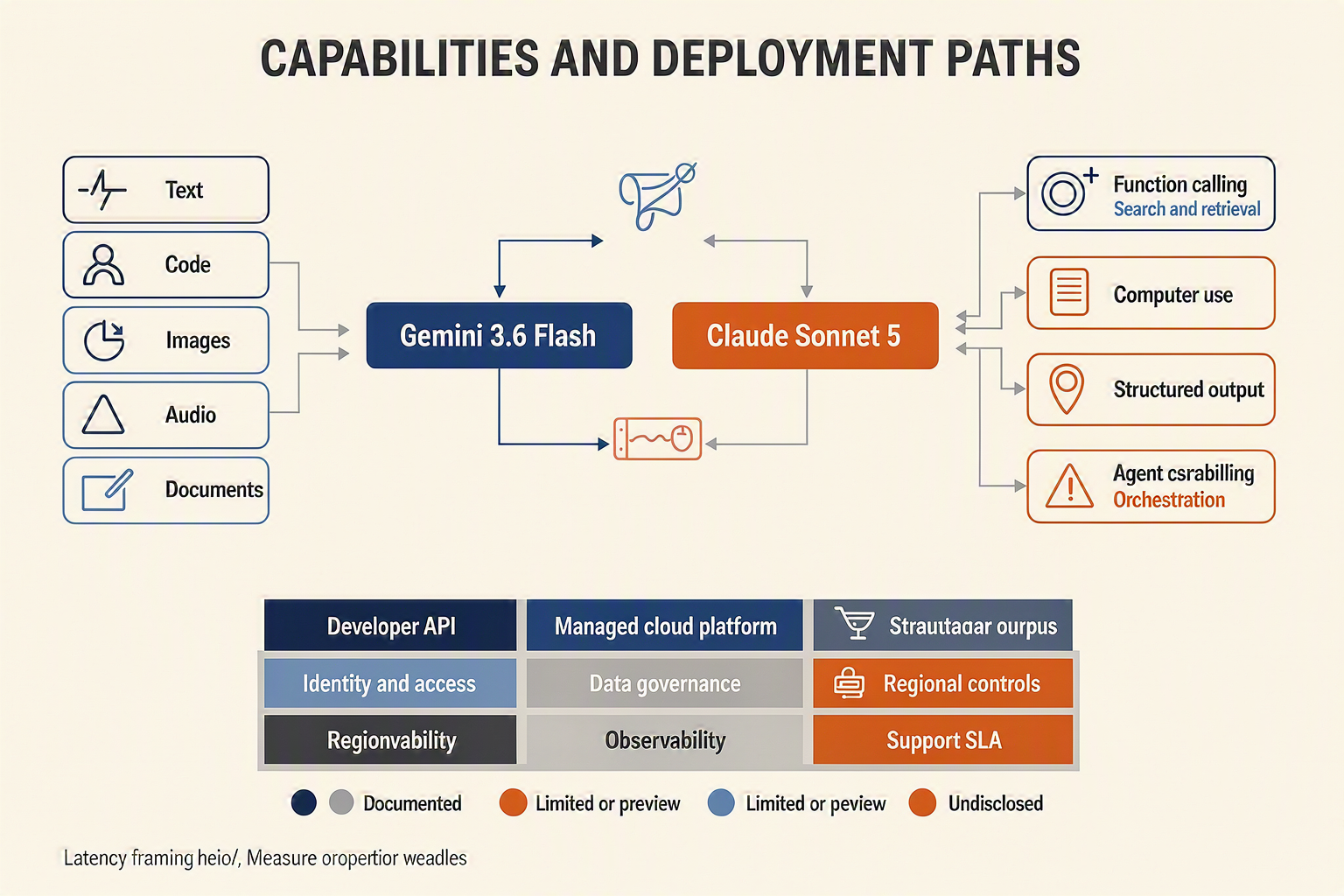 An enterprise AI architecture diagram titled CAPABILITIES AND DEPLOYMENT PATHS