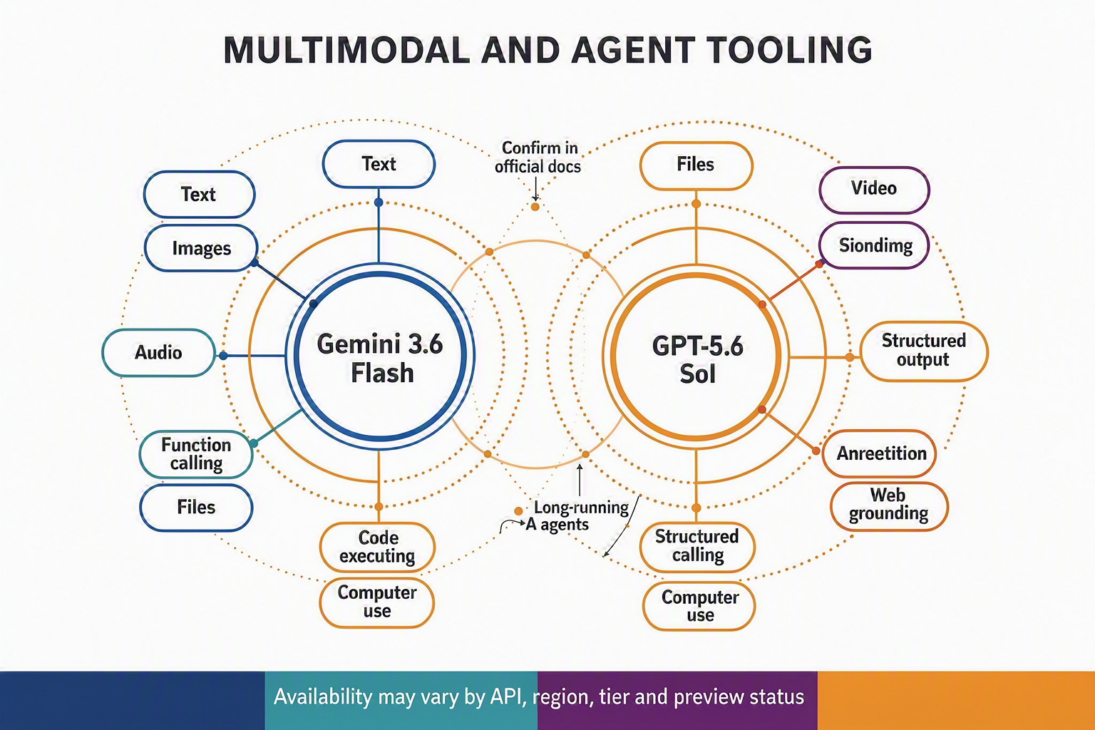 A radial capability map titled MULTIMODAL AND AGENT TOOLING with two parallel hubs labeled Gemini 3.6 Flash and GPT-5.6 Sol