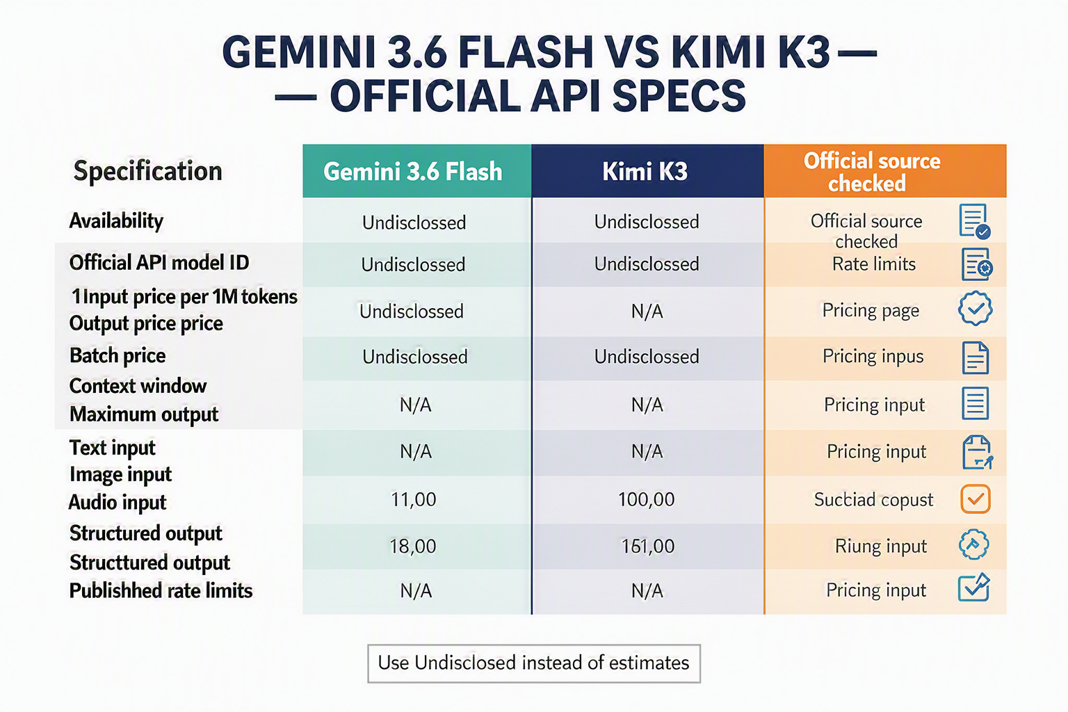 A detailed side-by-side specification matrix titled GEMINI 3.6 FLASH VS KIMI K3 — OFFICIAL API SPECS