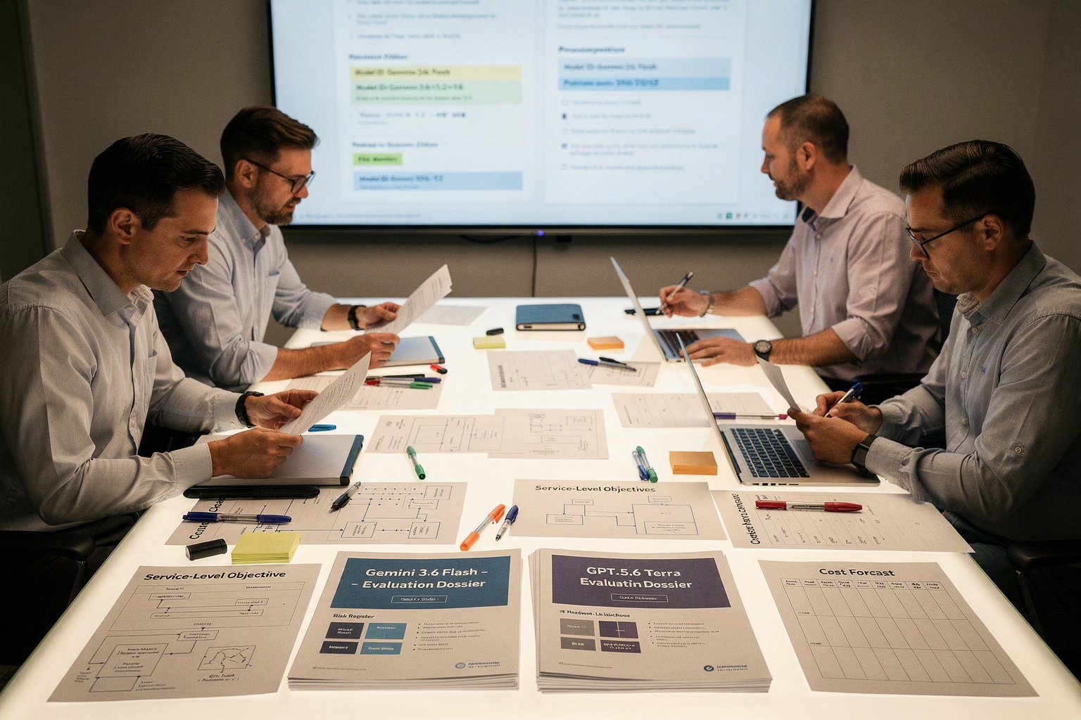 A scene inside an enterprise AI governance meeting room, with a software architect, procurement lead, security specialist