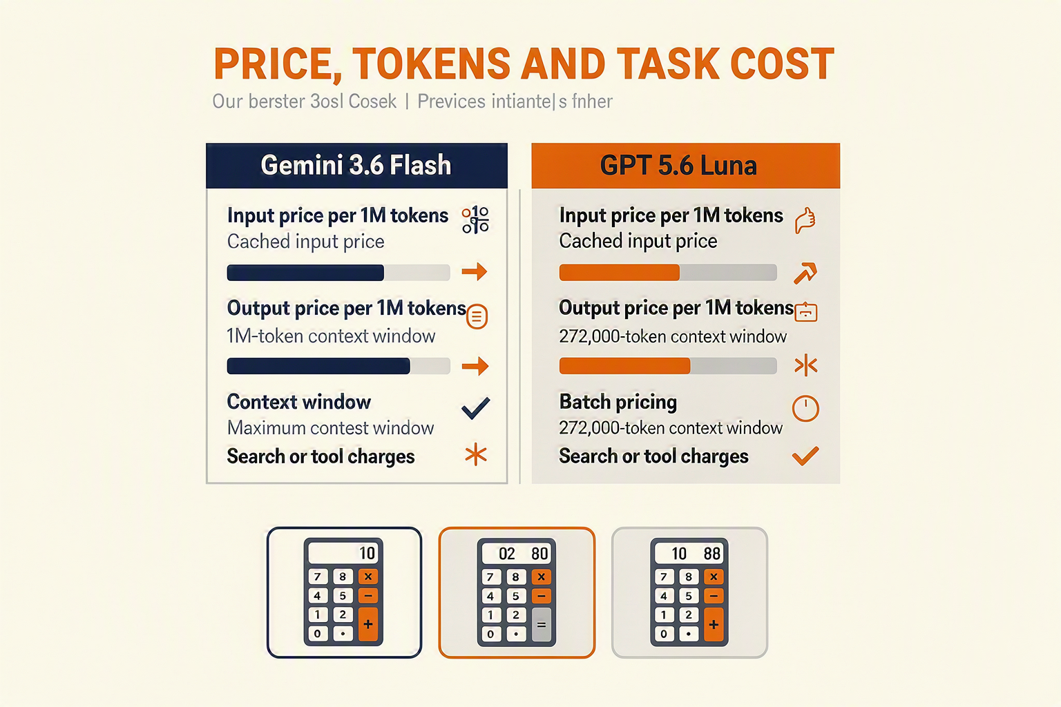 A dense but readable comparison dashboard titled PRICE, TOKENS AND TASK COST