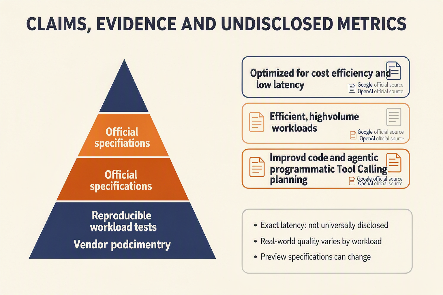 An evidence-pyramid infographic titled CLAIMS, EVIDENCE AND UNDISCLOSED METRICS