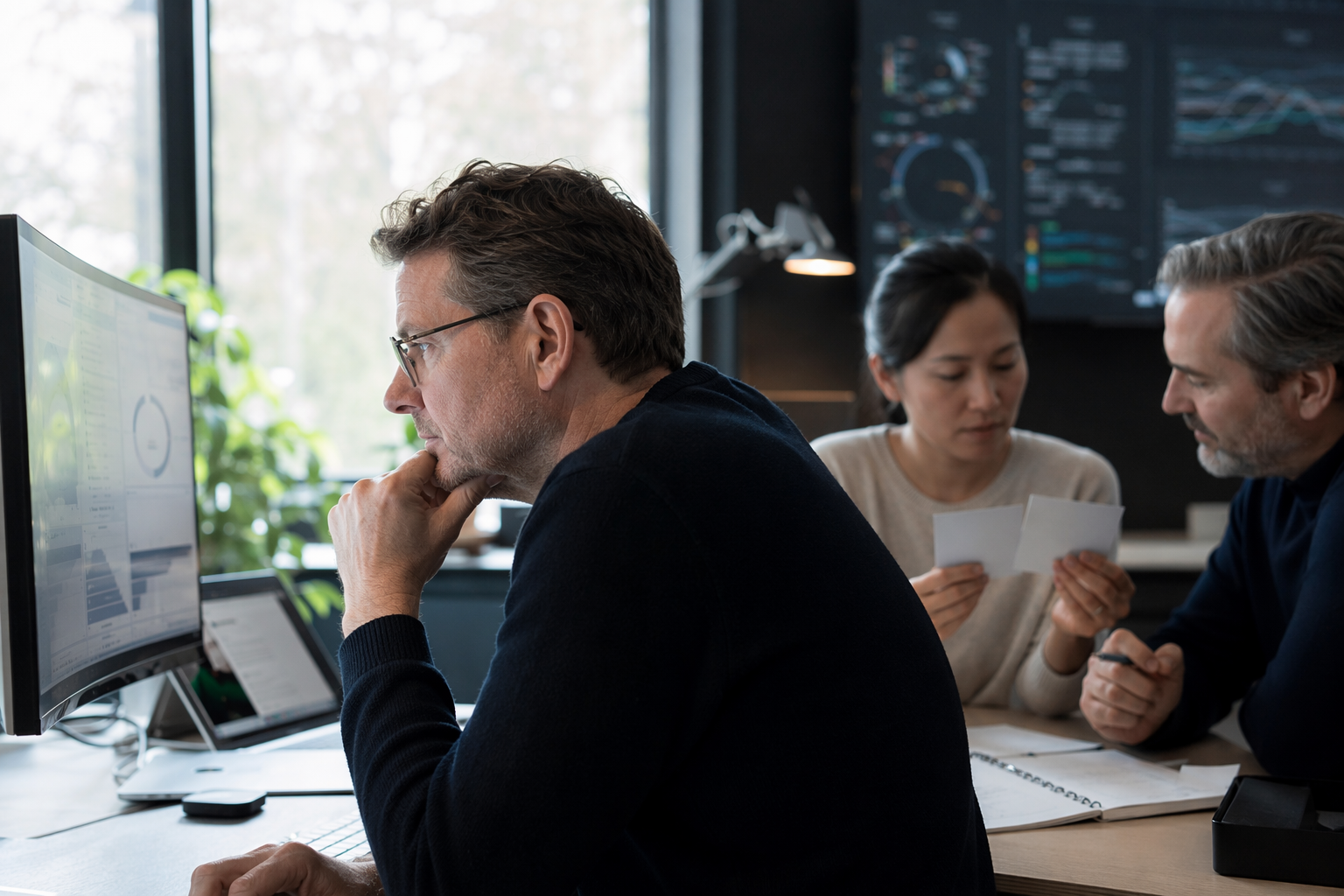 Inside a modern technology research newsroom, three analysts sit around a large illuminated table reviewing Google