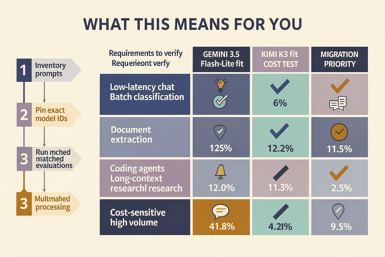 A decision matrix titled WHAT THIS MEANS FOR YOU with rows labeled Low-latency chat, Batch classification, Document