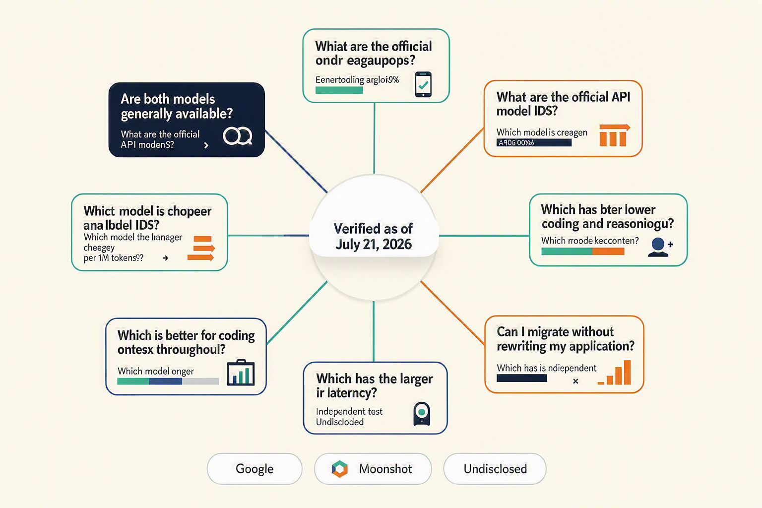 A structured FAQ knowledge map titled GEMINI 3.6 FLASH VS KIMI K3 — FAQ with seven connected question cards containing the