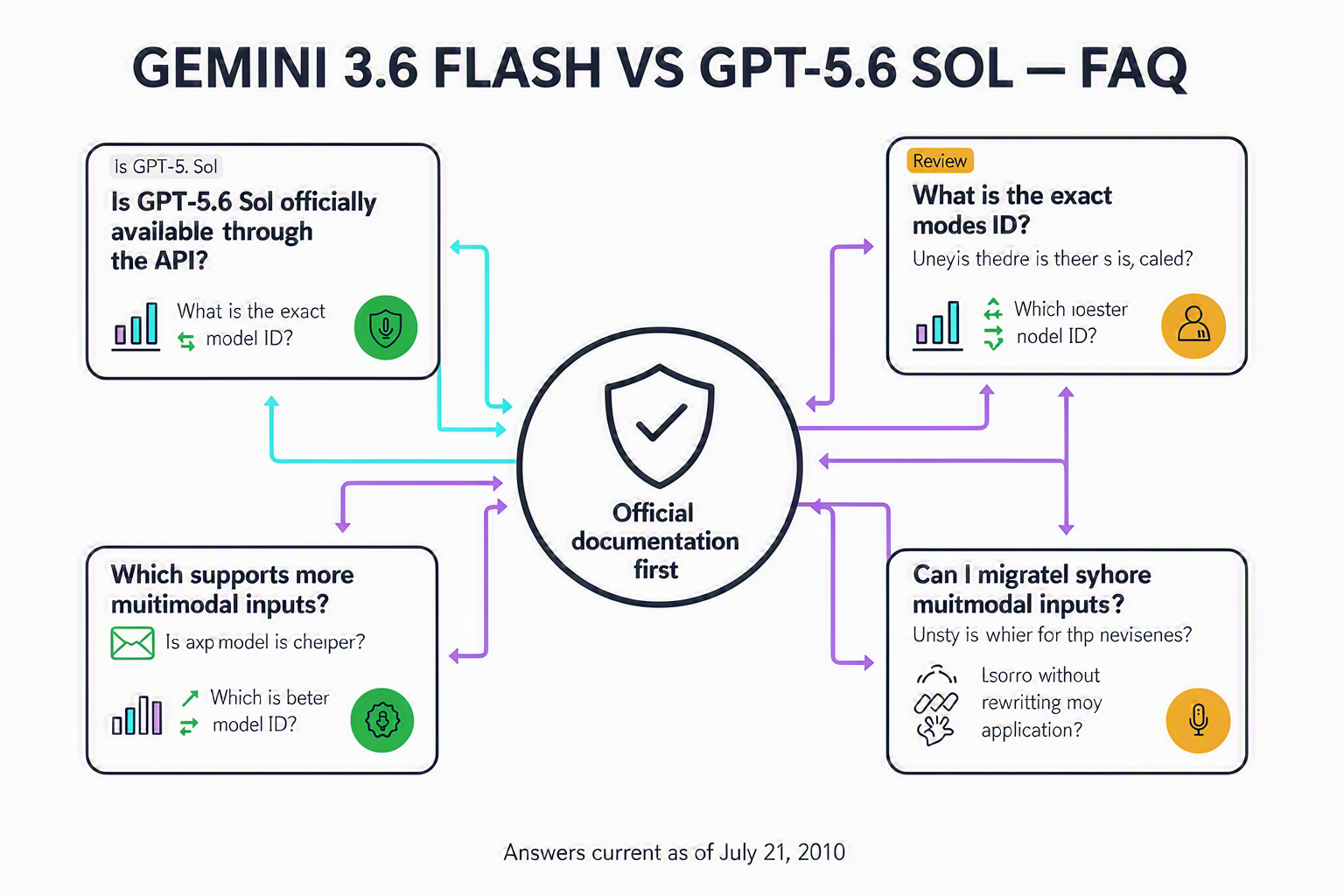 An organized FAQ knowledge map titled GEMINI 3.6 FLASH VS GPT-5.6 SOL — FAQ with six connected question cards reading Is