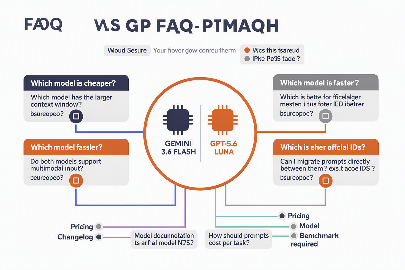 A structured FAQ knowledge-map infographic titled GEMINI 3.6 FLASH VS GPT-5.6 LUNA FAQ