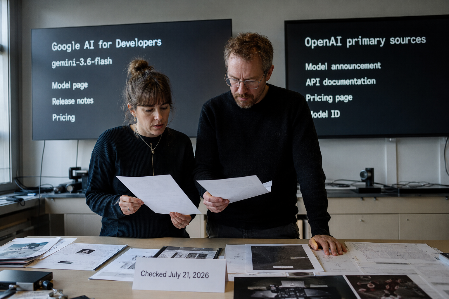 An investigative technology newsroom where two researchers review primary-source documentation on separate wall displays