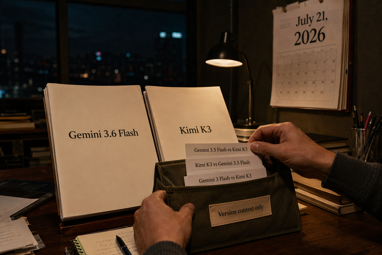 A technology research desk showing two current model dossiers in the foreground, titled Gemini 3.6 Flash and Kimi K3,