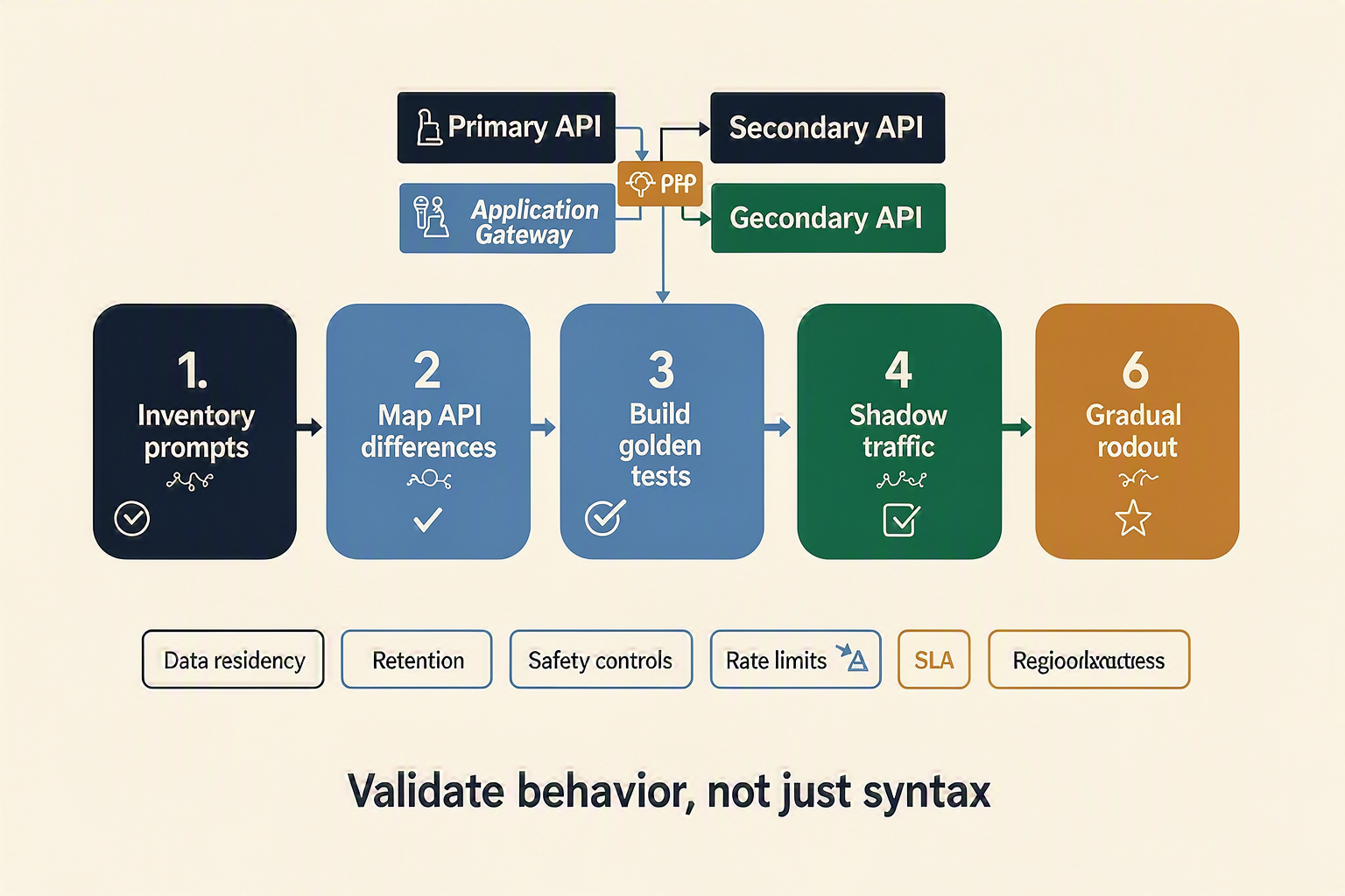 A six-step migration roadmap titled SAFE MODEL MIGRATION running left to right through rounded cards labeled 1