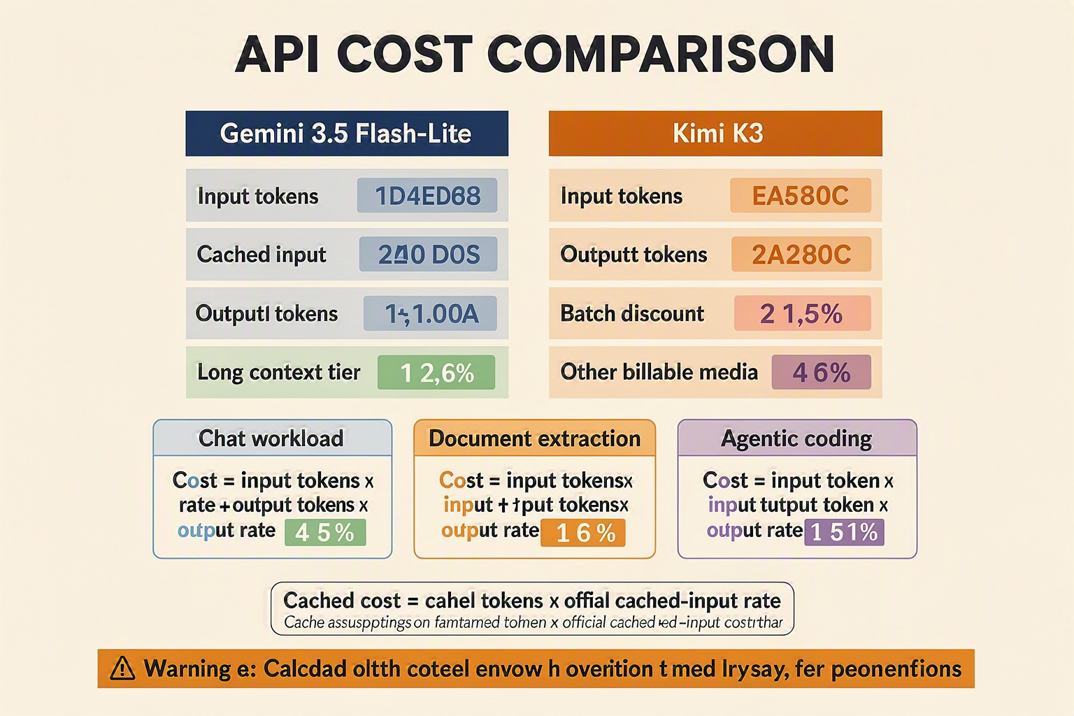 A workload-cost calculator infographic titled API COST COMPARISON with two parallel columns labeled Gemini 3.5 Flash-Lite
