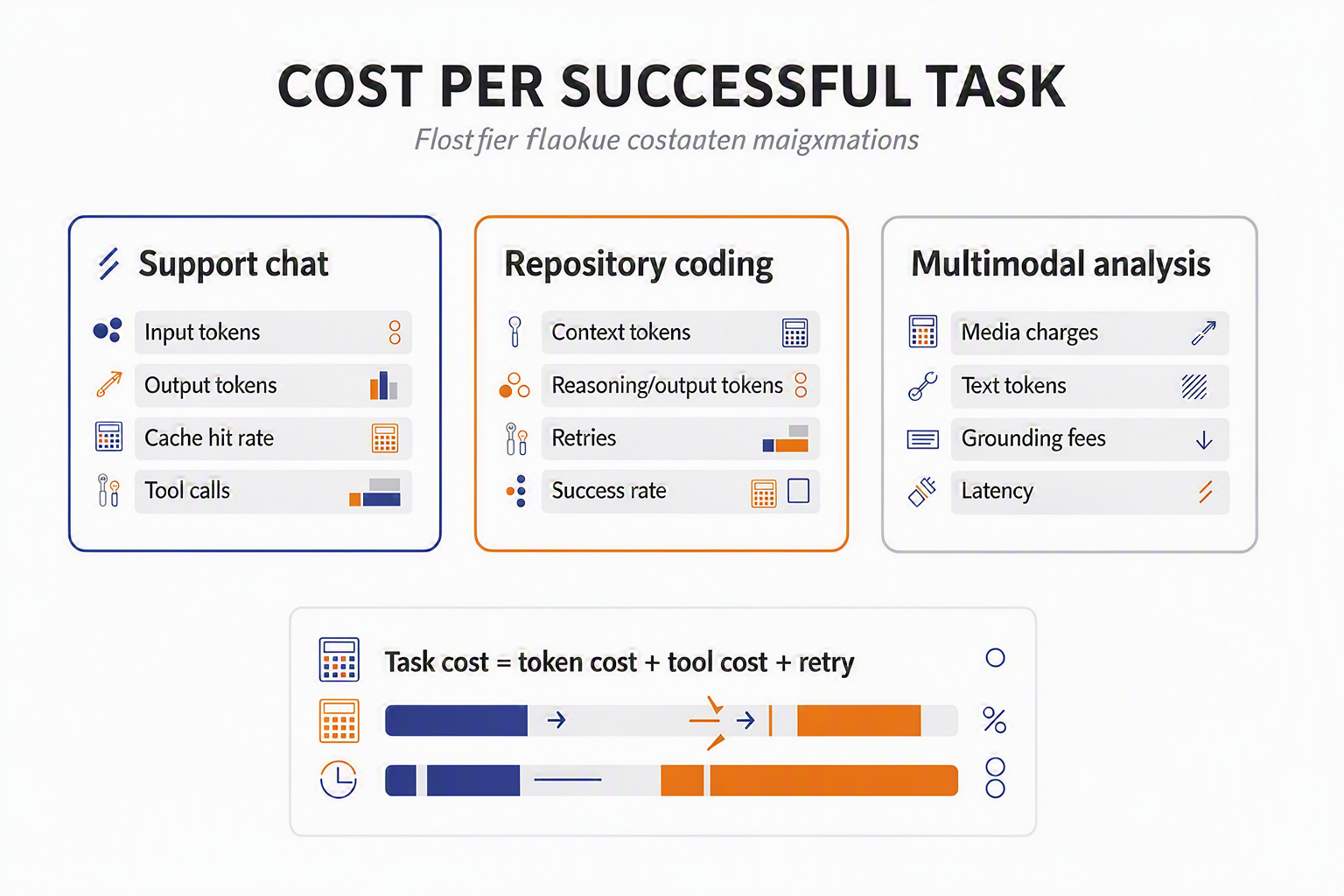 A detailed cost-calculation dashboard titled COST PER SUCCESSFUL TASK containing three scenario cards