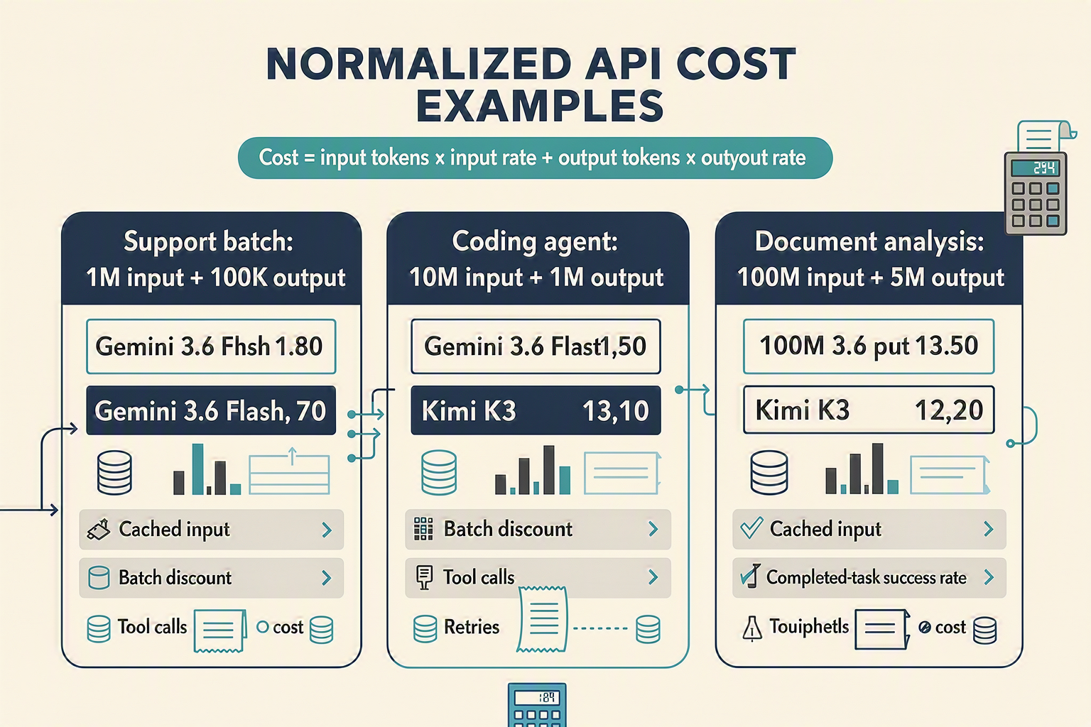 A cost-calculation infographic titled NORMALIZED API COST EXAMPLES built around the formula Cost = input tokens × input rate