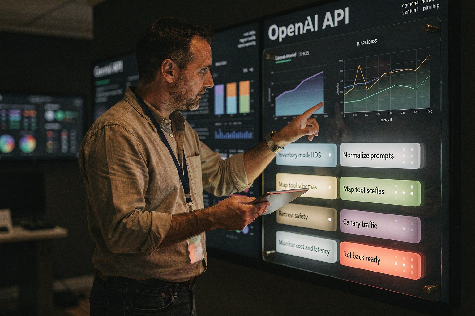 A migration-control-room scene showing a platform team moving production traffic between two AI provider stacks