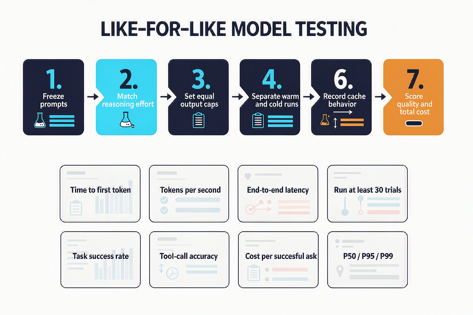 A seven-stage experimental pipeline infographic titled LIKE-FOR-LIKE MODEL TESTING
