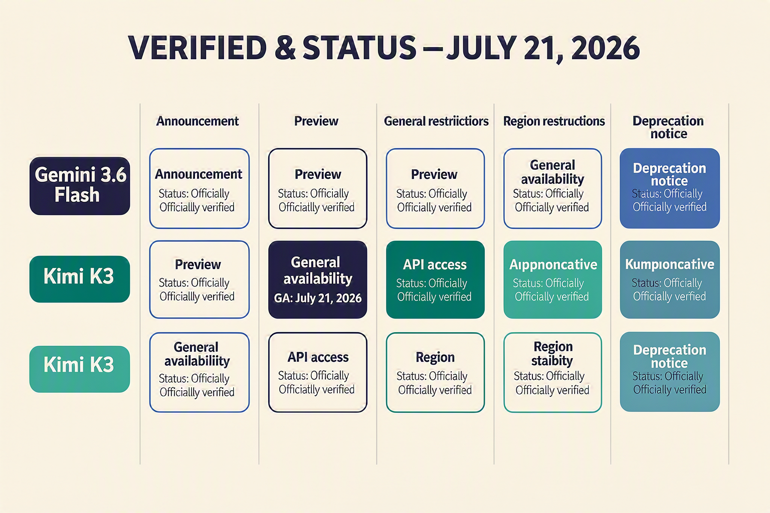 A horizontal release-and-availability timeline titled VERIFIED MODEL STATUS — JULY 21, 2026 with exactly two lanes labeled