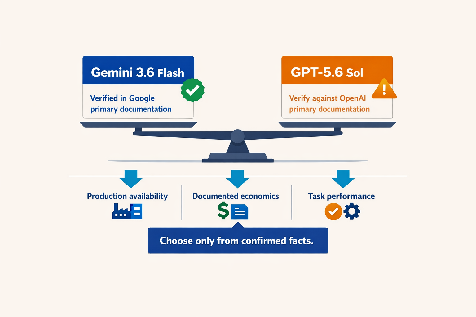 A clean editorial decision graphic centered on a balance scale comparing two model cards labeled Gemini 3.6 Flash and