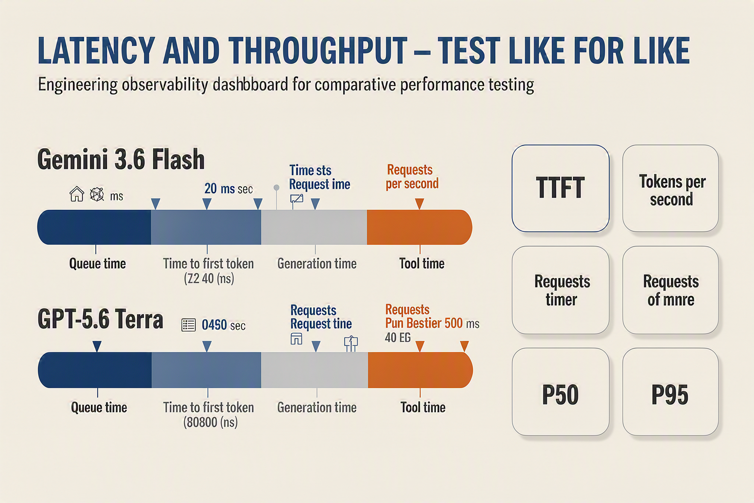 A performance measurement infographic styled as an engineering observability dashboard and titled LATENCY AND THROUGHPUT —