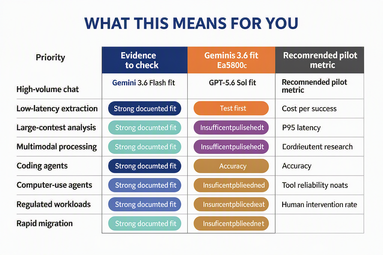 A buyer-oriented decision matrix titled WHAT THIS MEANS FOR YOU with rows labeled High-volume chat, Low-latency extraction,