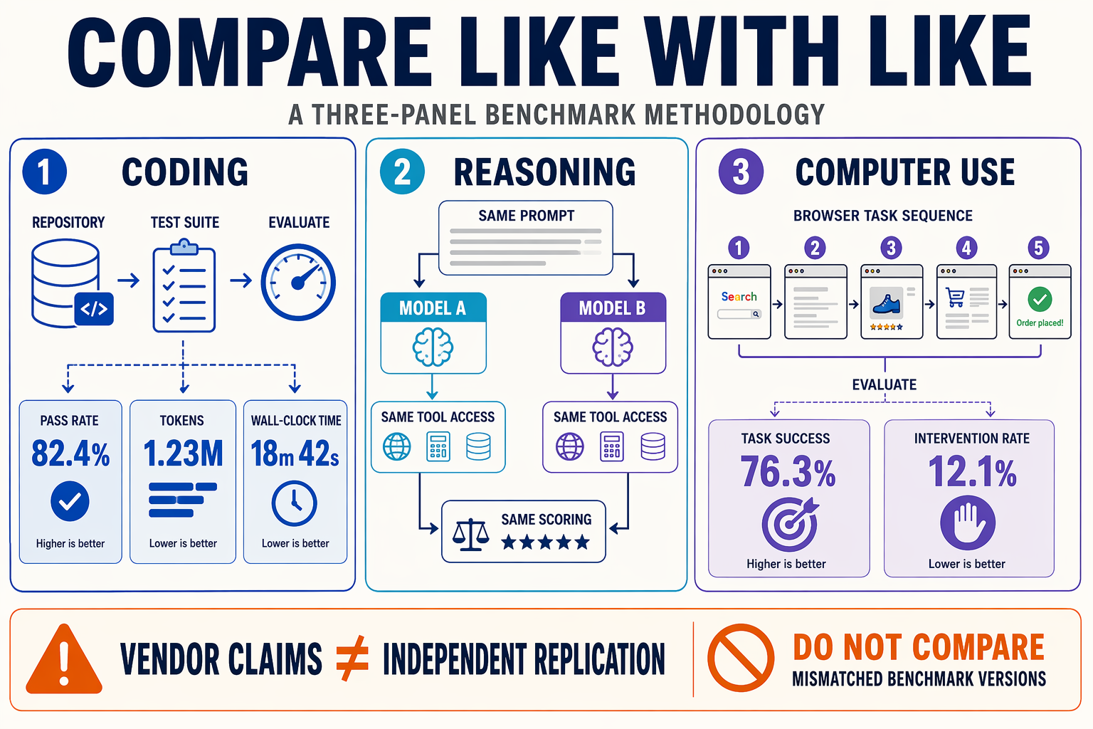 A three-panel benchmark methodology diagram titled COMPARE LIKE WITH LIKE