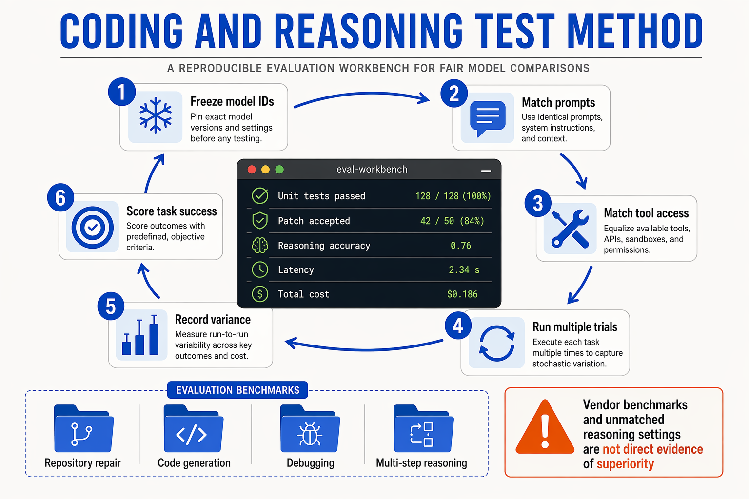 A reproducible evaluation-workbench infographic titled CODING AND REASONING TEST METHOD