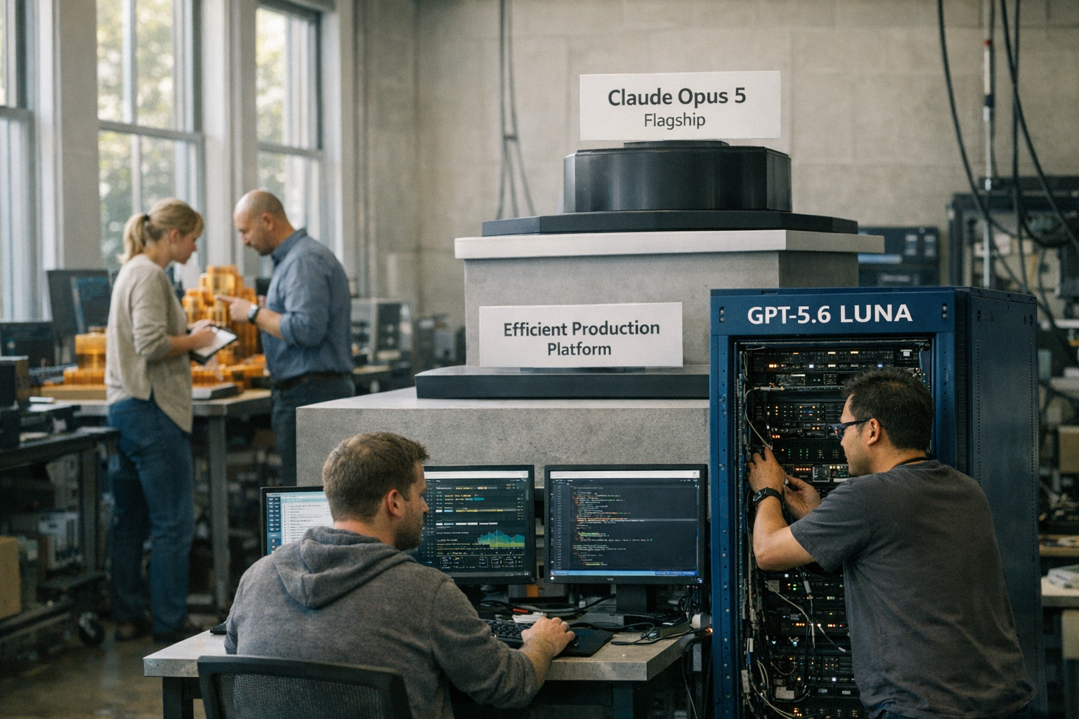 A spacious AI laboratory divided into two work areas
