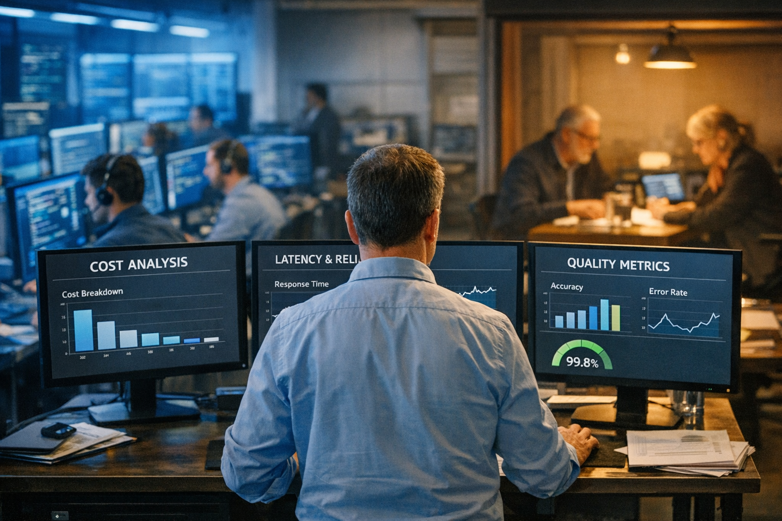 A busy enterprise AI deployment floor showing two contrasting workload stations