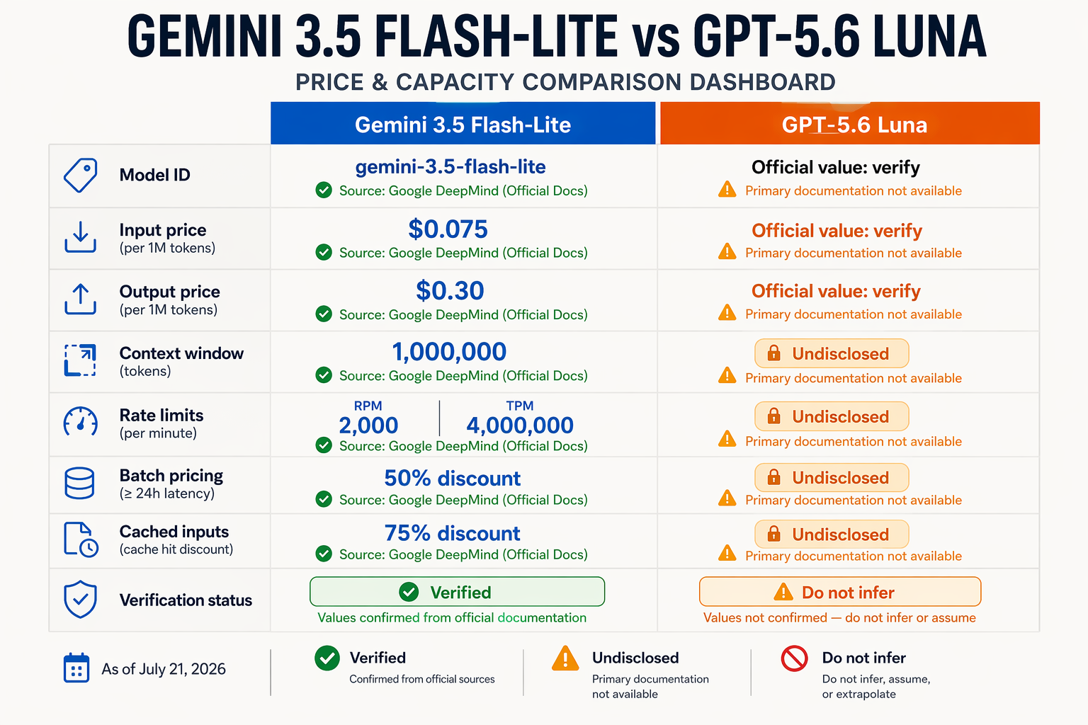 A detailed comparison infographic designed like a technical price-and-capacity dashboard