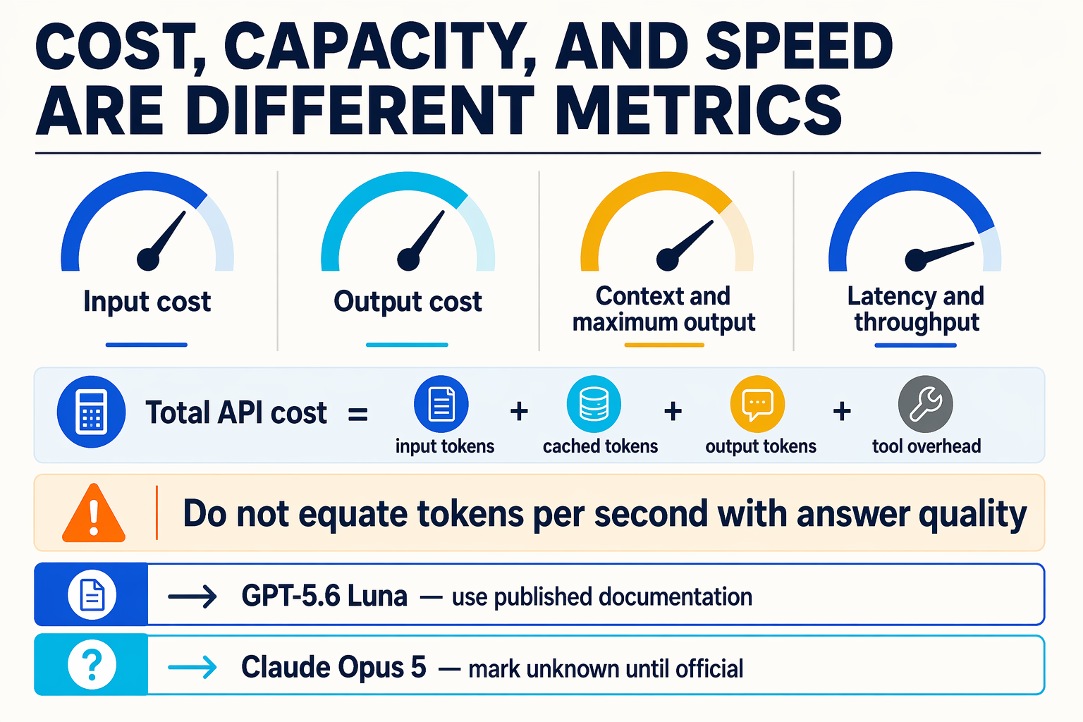 A technical dashboard titled COST, CAPACITY, AND SPEED ARE DIFFERENT METRICS arranged as four independent gauges labeled