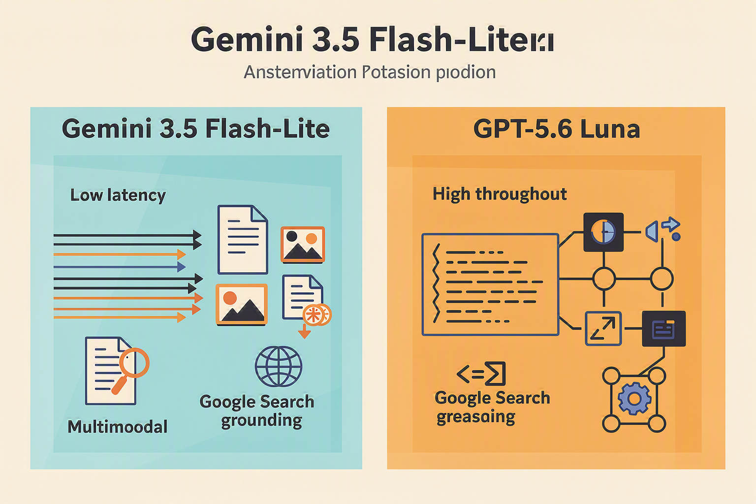 A multi-panel technical infographic comparing two AI model profiles without inventing benchmark scores