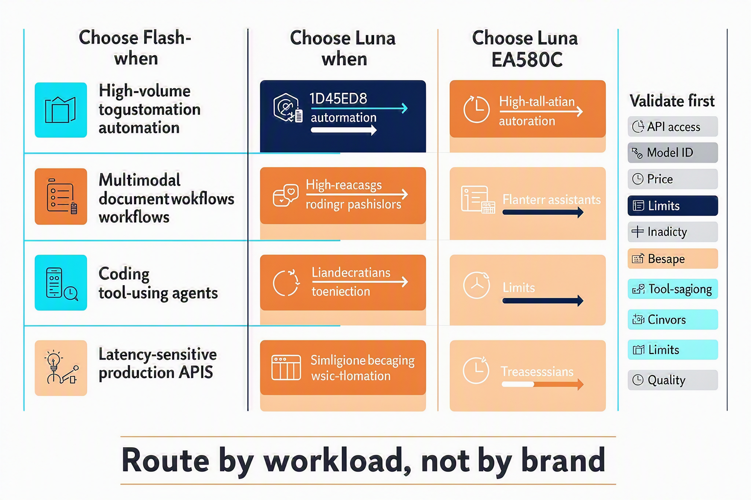 A decision-matrix infographic arranged as five color-coded rows: High-volume automation, Multimodal document workflows,