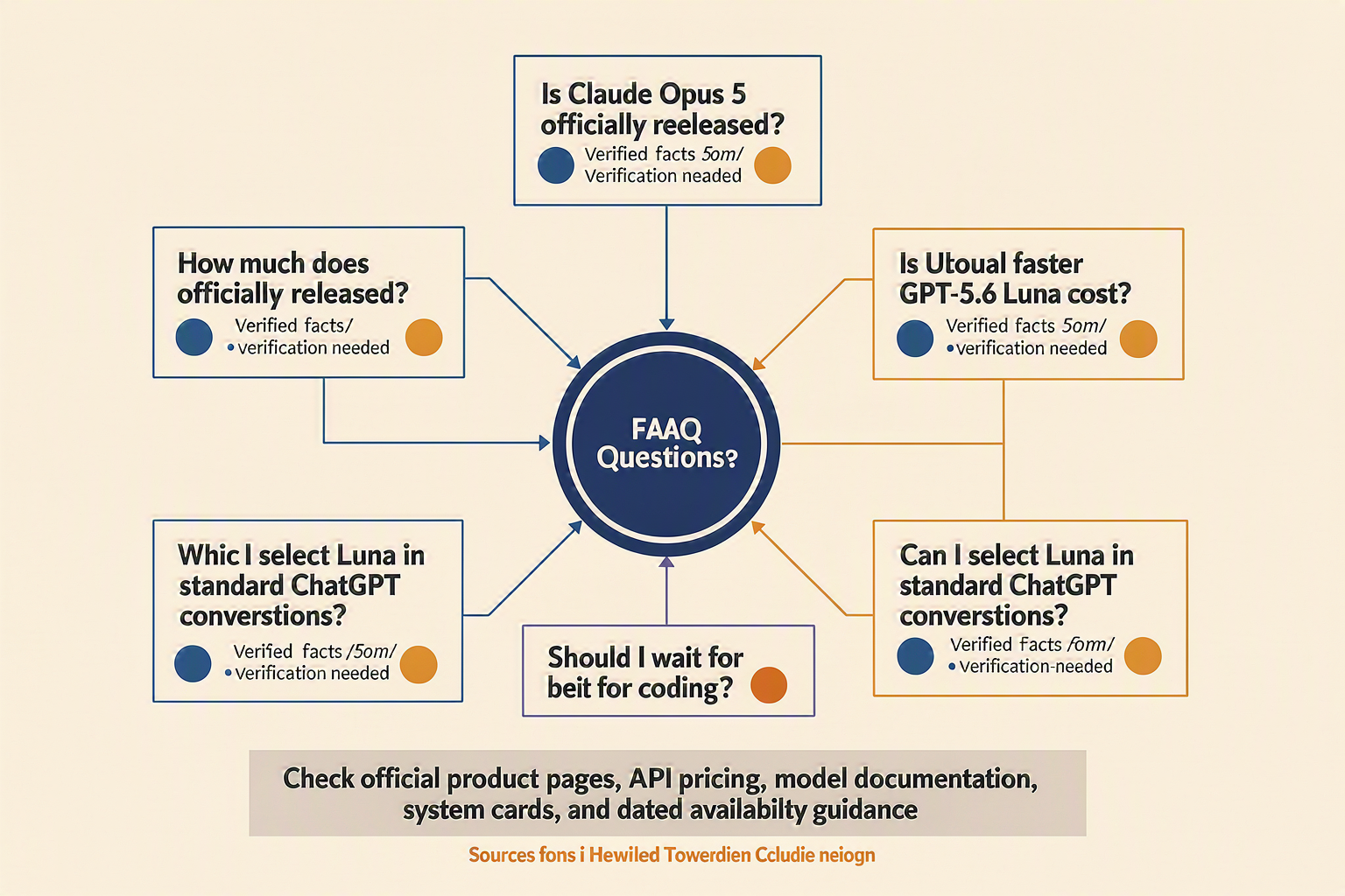 A structured FAQ knowledge map titled GPT-5.6 LUNA VS CLAUDE OPUS — FAQ with six connected question cards: Is Claude Opus 5
