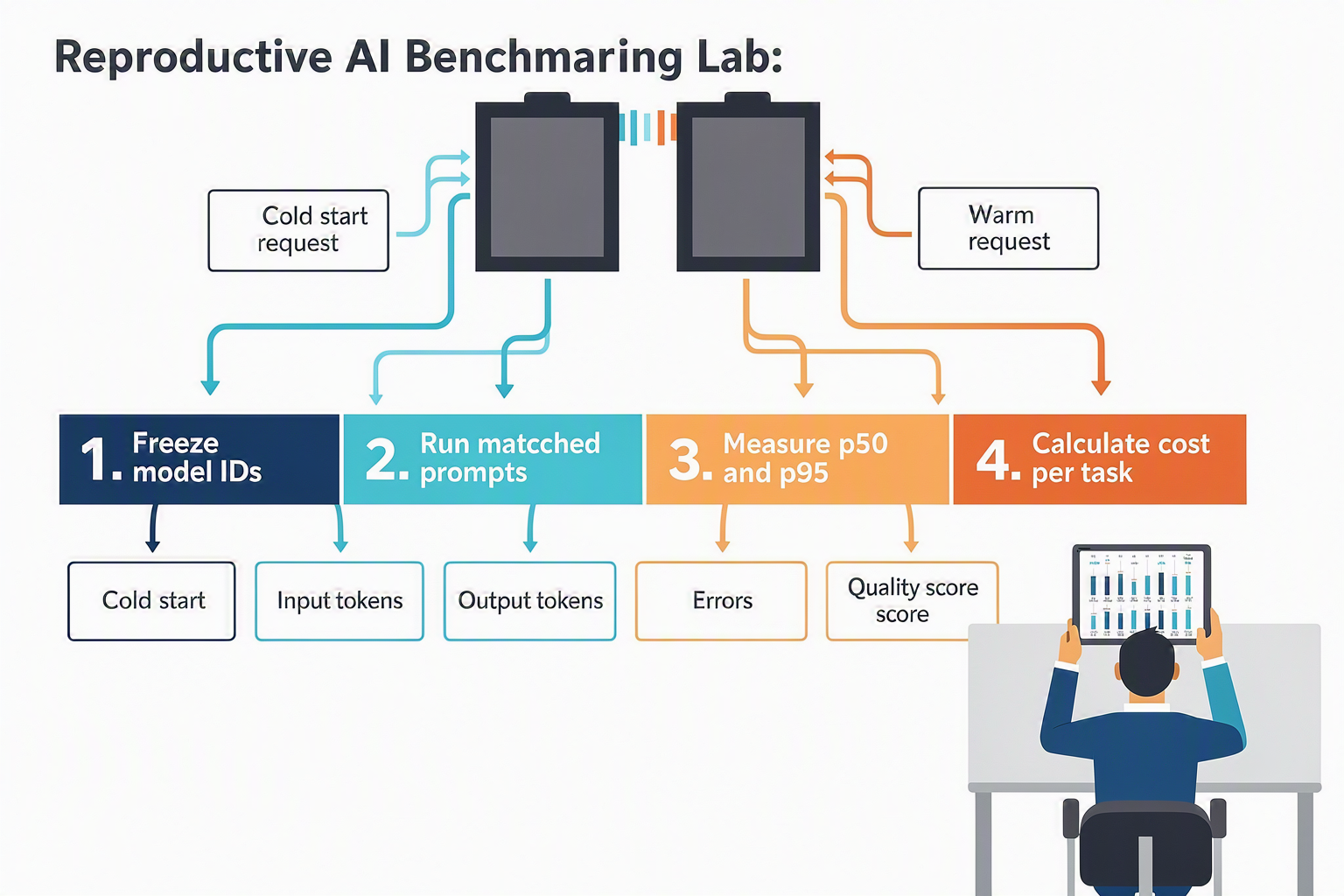A reproducible AI benchmarking lab shown from above, with two identical test stations feeding parallel model pipelines